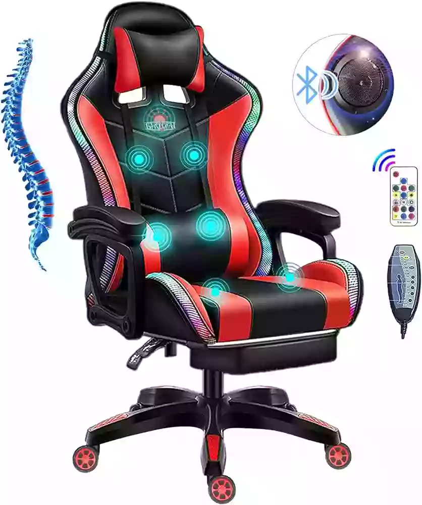 Comfortable racing RGB LED lighting gaming chair with massage,recline and footrest and Bluetooth speakers {Black and Red}